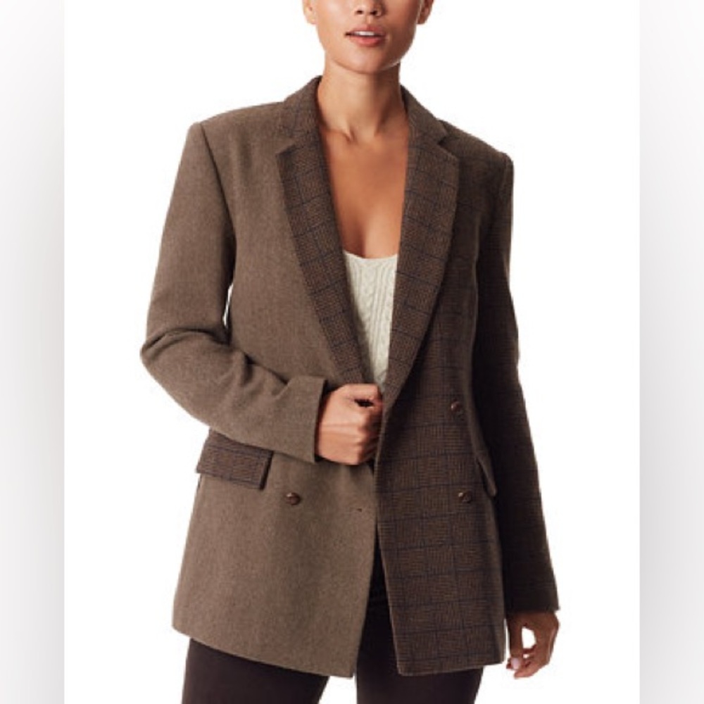 Sam Edelman Brown Plaid Wool Blend Double-Breasted Blazer